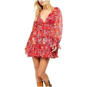 Free People closer to the heart red floral tunic mini dress long sleeves